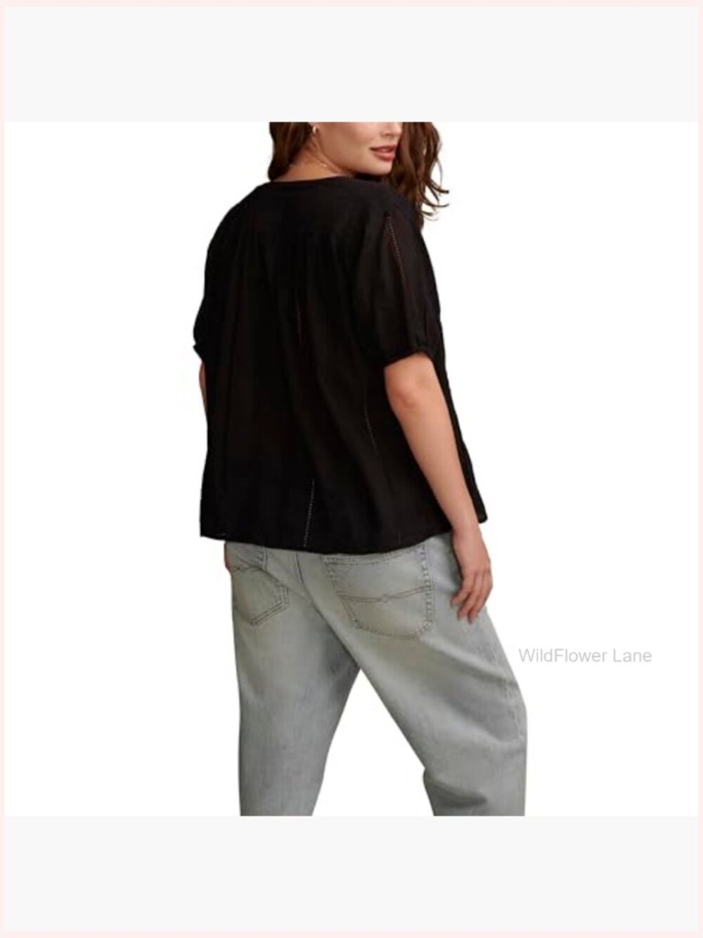 Smocked Shoulder Button Down Blouse Short Sleeve V-Neck Cotton - Picture 2 of 5